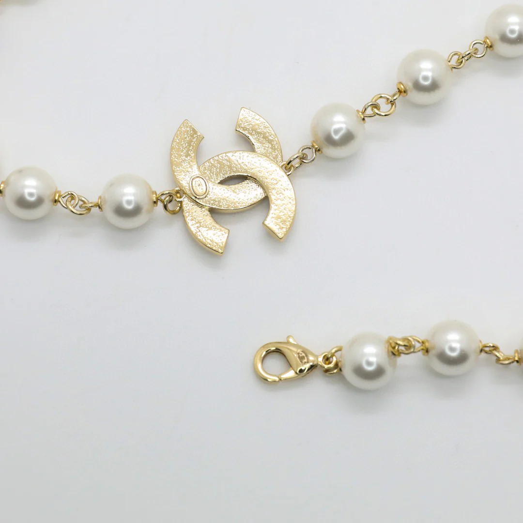 CCL264 Black and white pearl with crystal enamel CC logo long sweater chain necklace - ccjewelryacc