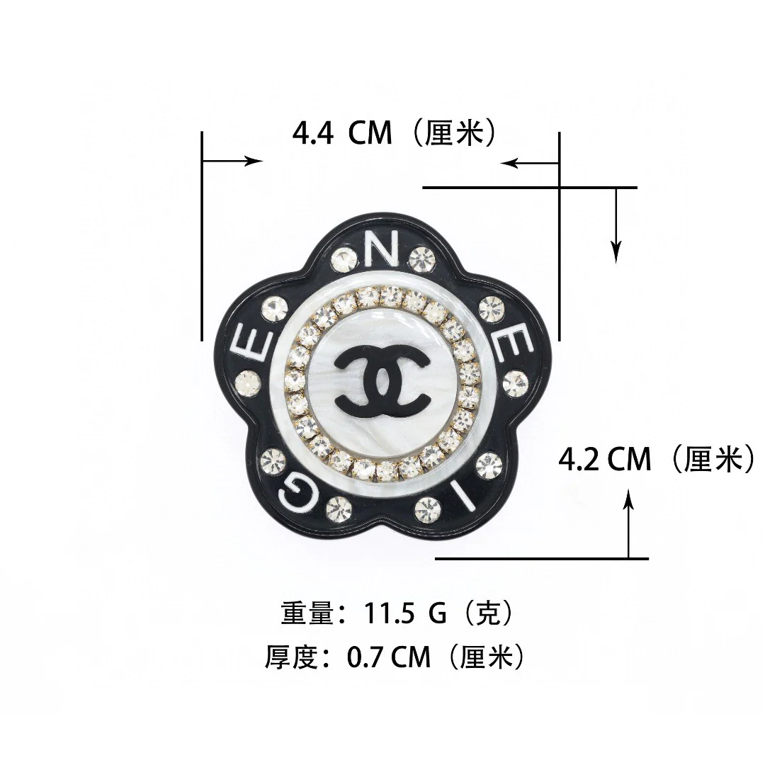 BCB252 Black acrylic and white marbling camellia flower with CC logo brooch pin with crystal - ccjewelryacc