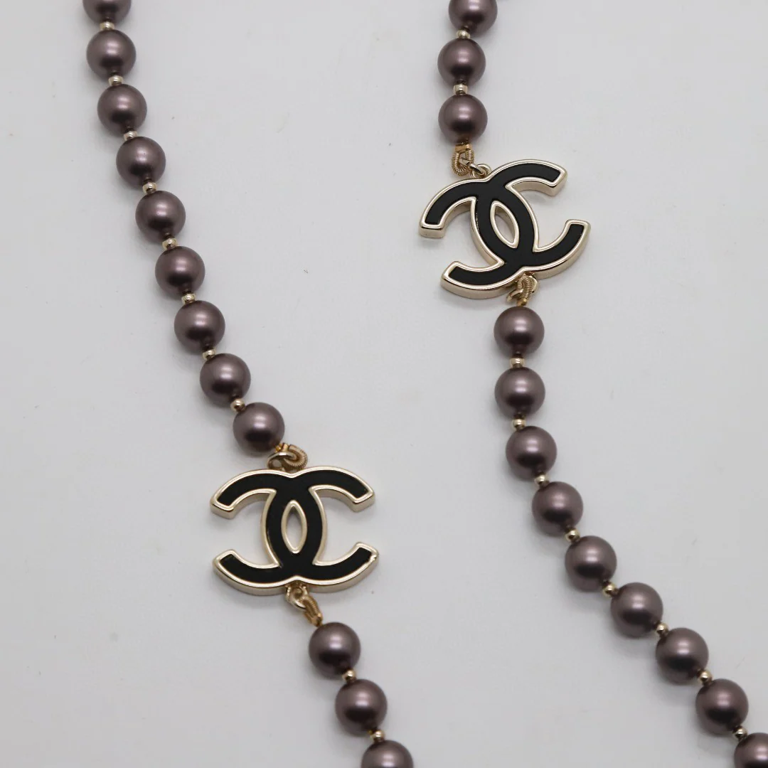 CCL302 Matte Coffe color pearl black enamel double C long chain sweater necklace - ccjewelryacc