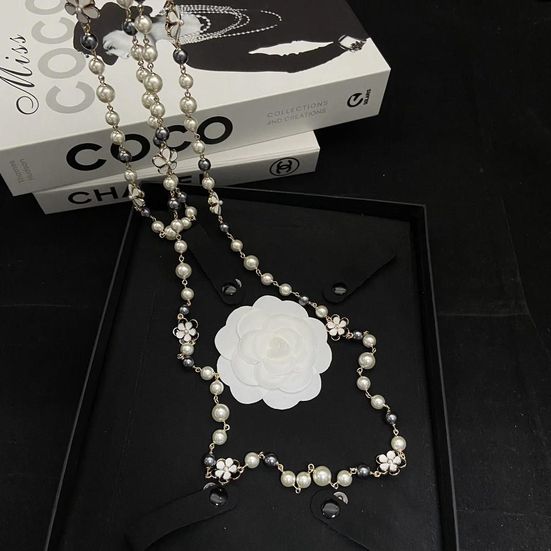 CCL240 camellia flower long pearl sweater chain necklace - ccjewelryacc
