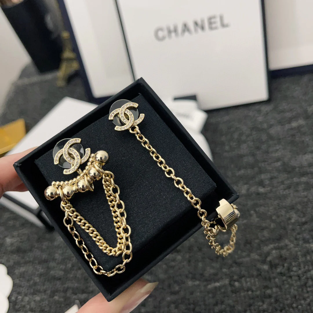 CCE010 Metal crystal CC logo stud earring with cuff - ccjewelryacc