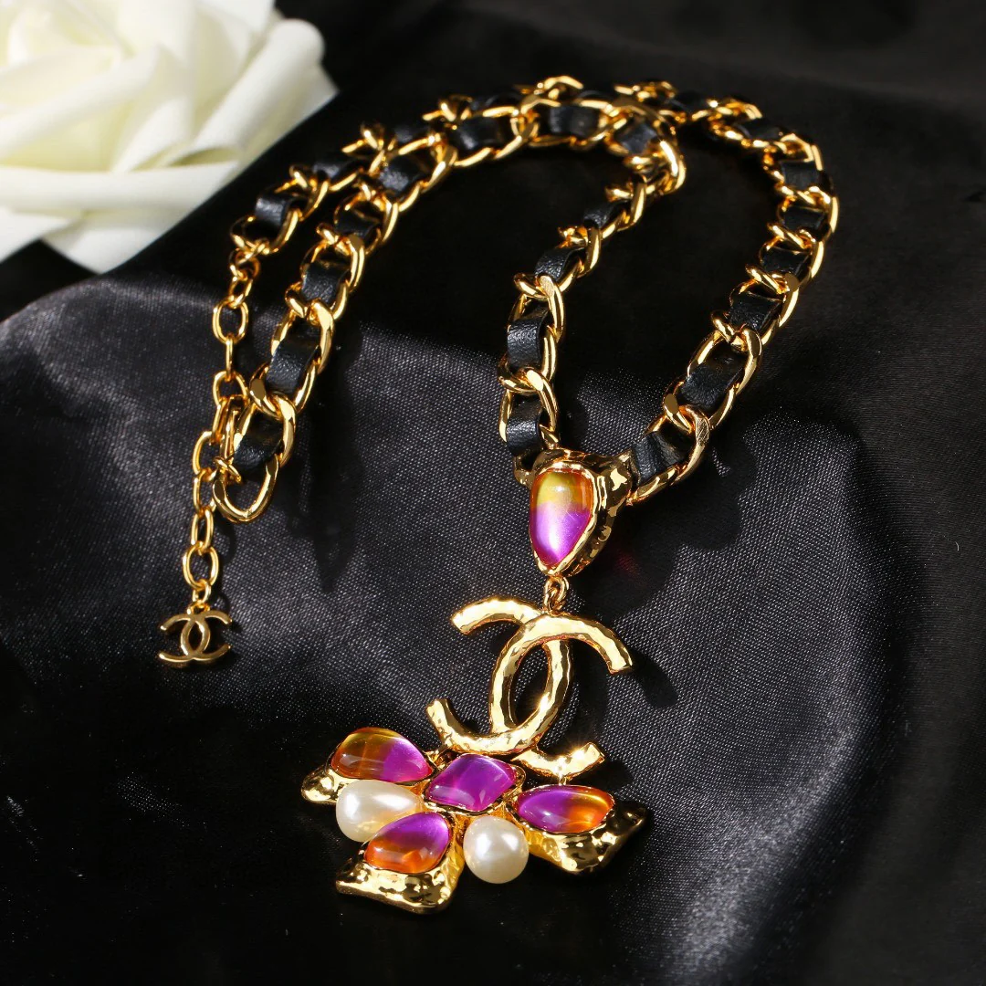 CCN123 Chanel metal leater chain cross pendant necklace - ccjewelryacc