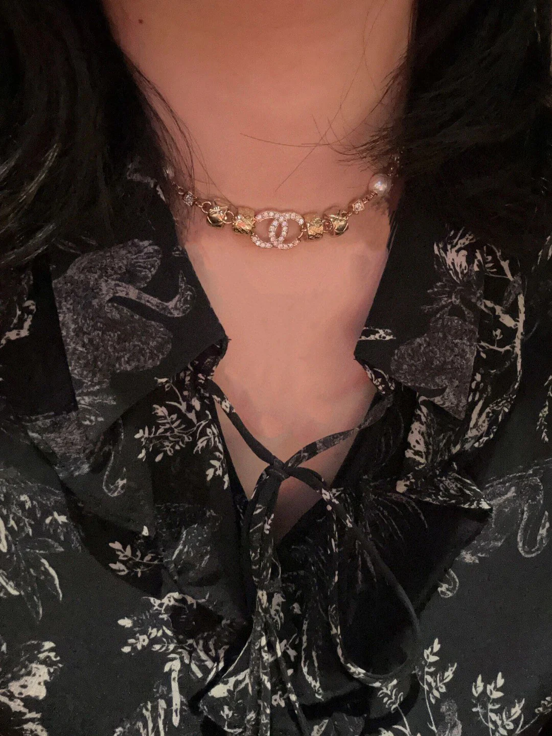 CCN181 CC 24p diamond grid Pearl Choker necklace - ccjewelryacc