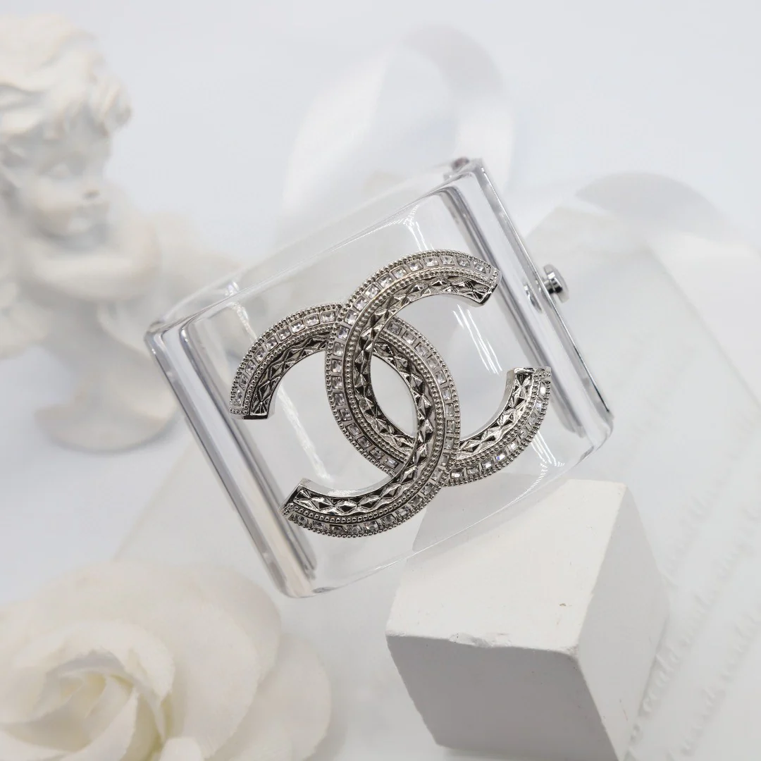 CCS063 Transparent acrylic with metal and crystal cc logo cuff bracelet Large - ccjewelryacc