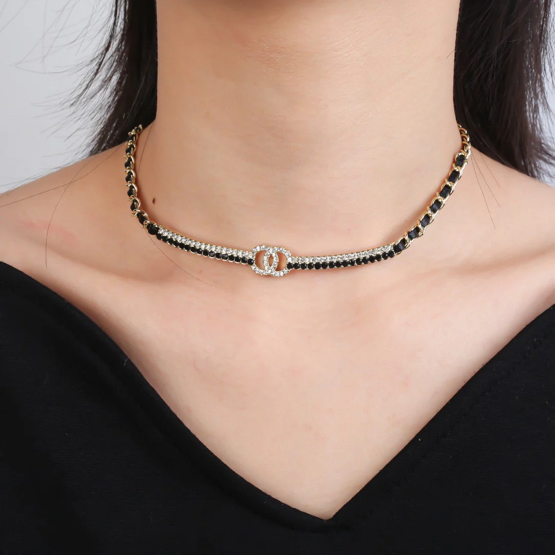 CCN125 Chanel metal leater chain crystal choker necklace - ccjewelryacc