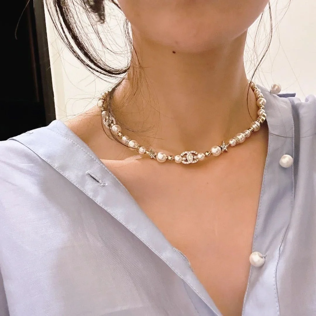 CCN005 23S Pearls Pentastar charms CC logo choker Necklace - ccjewelryacc