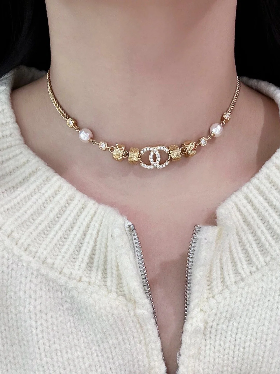 CCN181 CC 24p diamond grid Pearl Choker necklace - ccjewelryacc