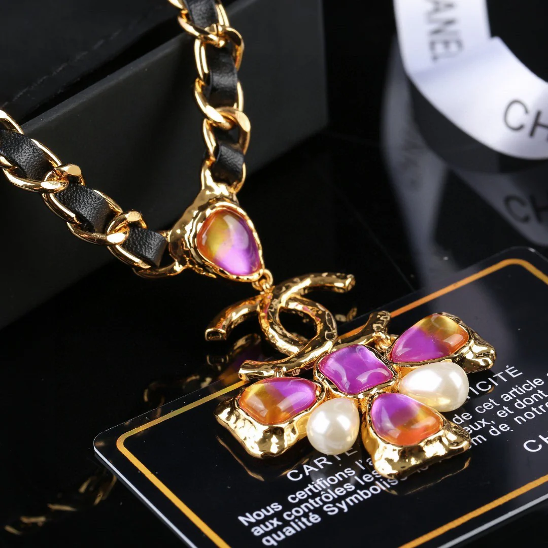 CCN123 Chanel metal leater chain cross pendant necklace - ccjewelryacc