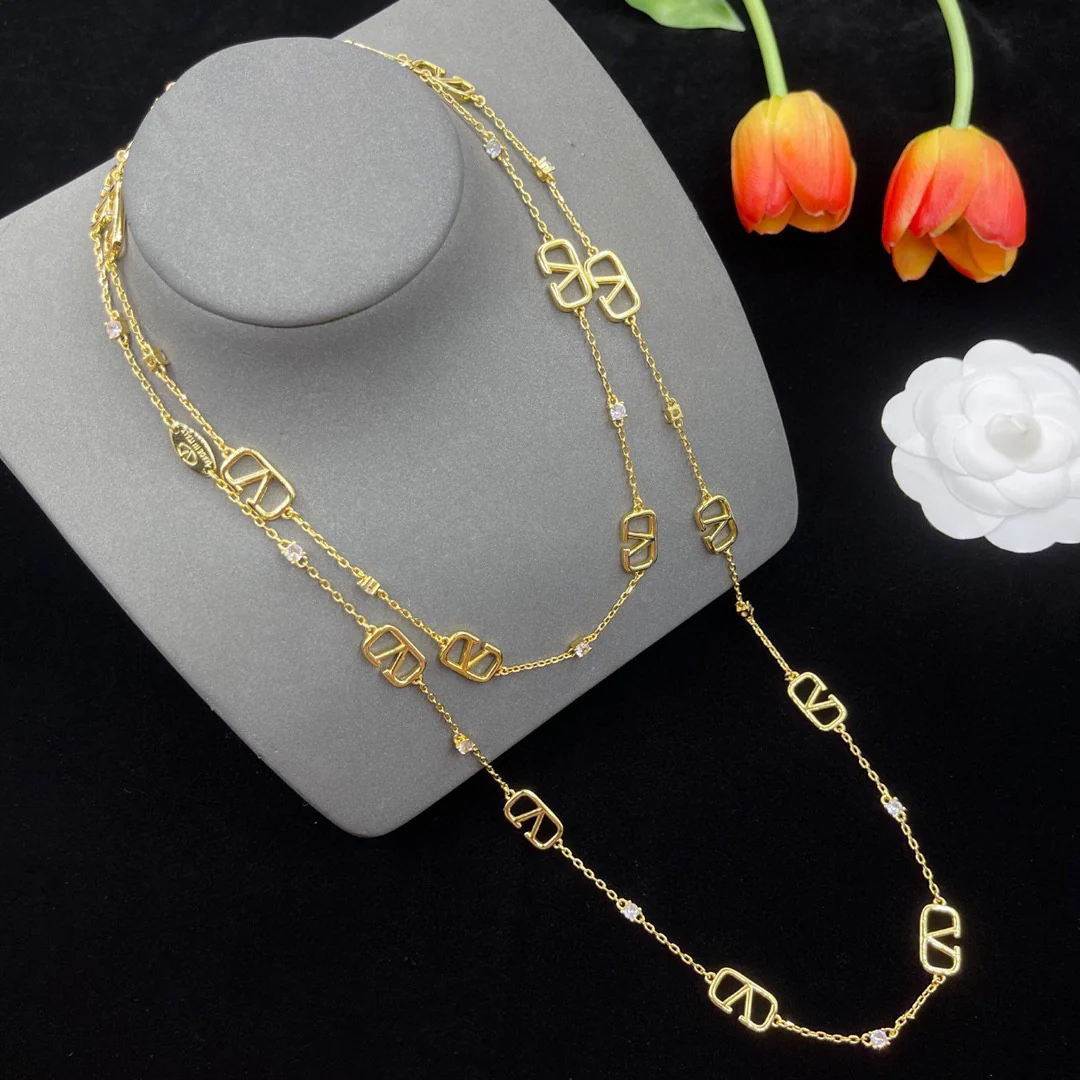 VTN041 V logo long chain sweater necklace - ccjewelryacc