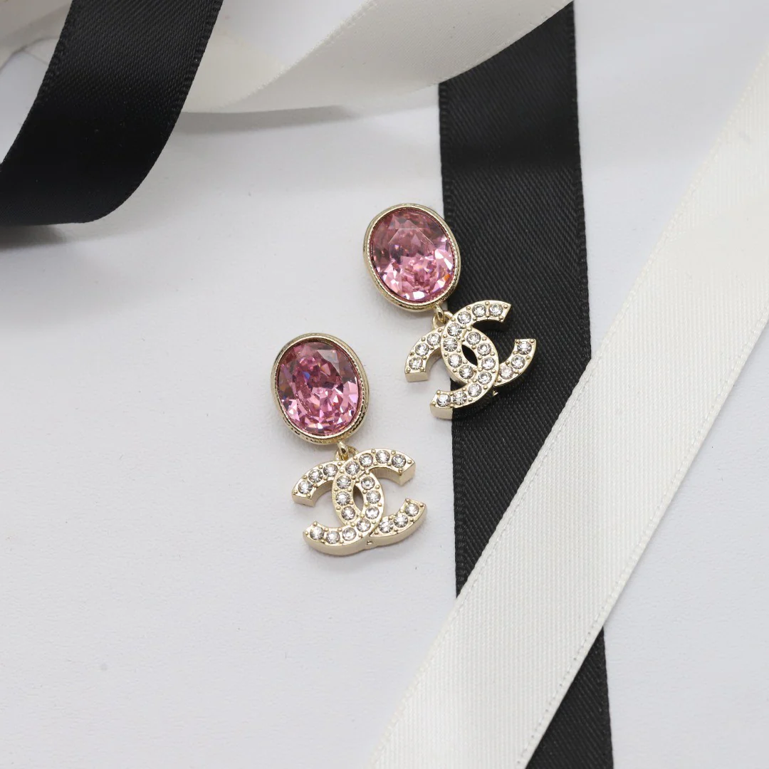 CCE396 Chanel oval pink crystal with cc logo drop earrings - ccjewelryacc