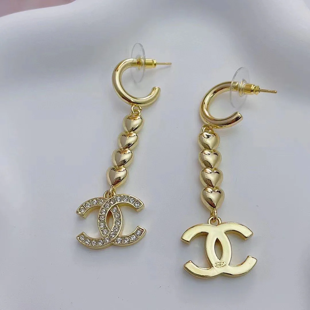CCE153 Chanel metal gold heart tassels drop earring - ccjewelryacc