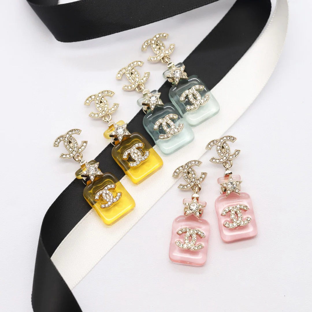 CCE048 Chanel Pink /blue /yellow acrylic star Perfume Bottle with crystal cc logo stud earring - ccjewelryacc
