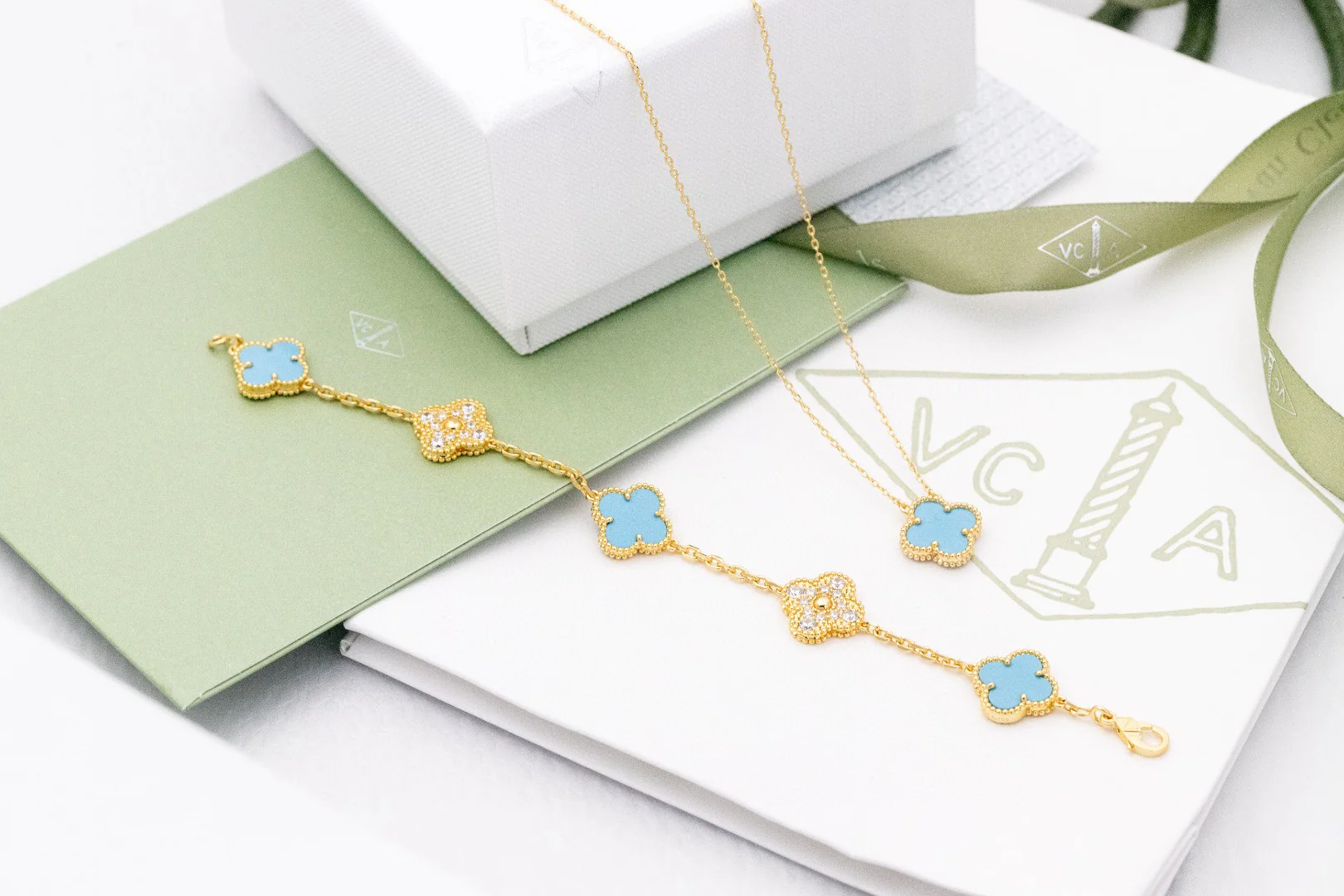 VCSV001 18k gold vintage alhambra bracelet 5 motif and necklace - ccjewelryacc