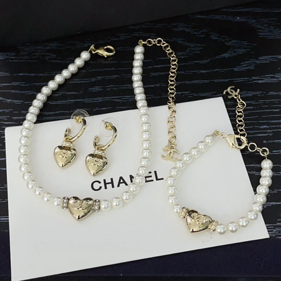 CCN272 24P Heart pearl necklace CC choker Necklace bracelet earring Jewerly set - ccjewelryacc