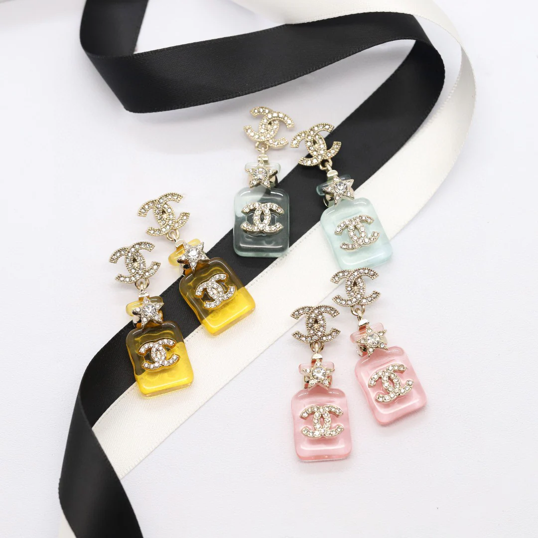 CCE048 Chanel Pink /blue /yellow acrylic star Perfume Bottle with crystal cc logo stud earring - ccjewelryacc