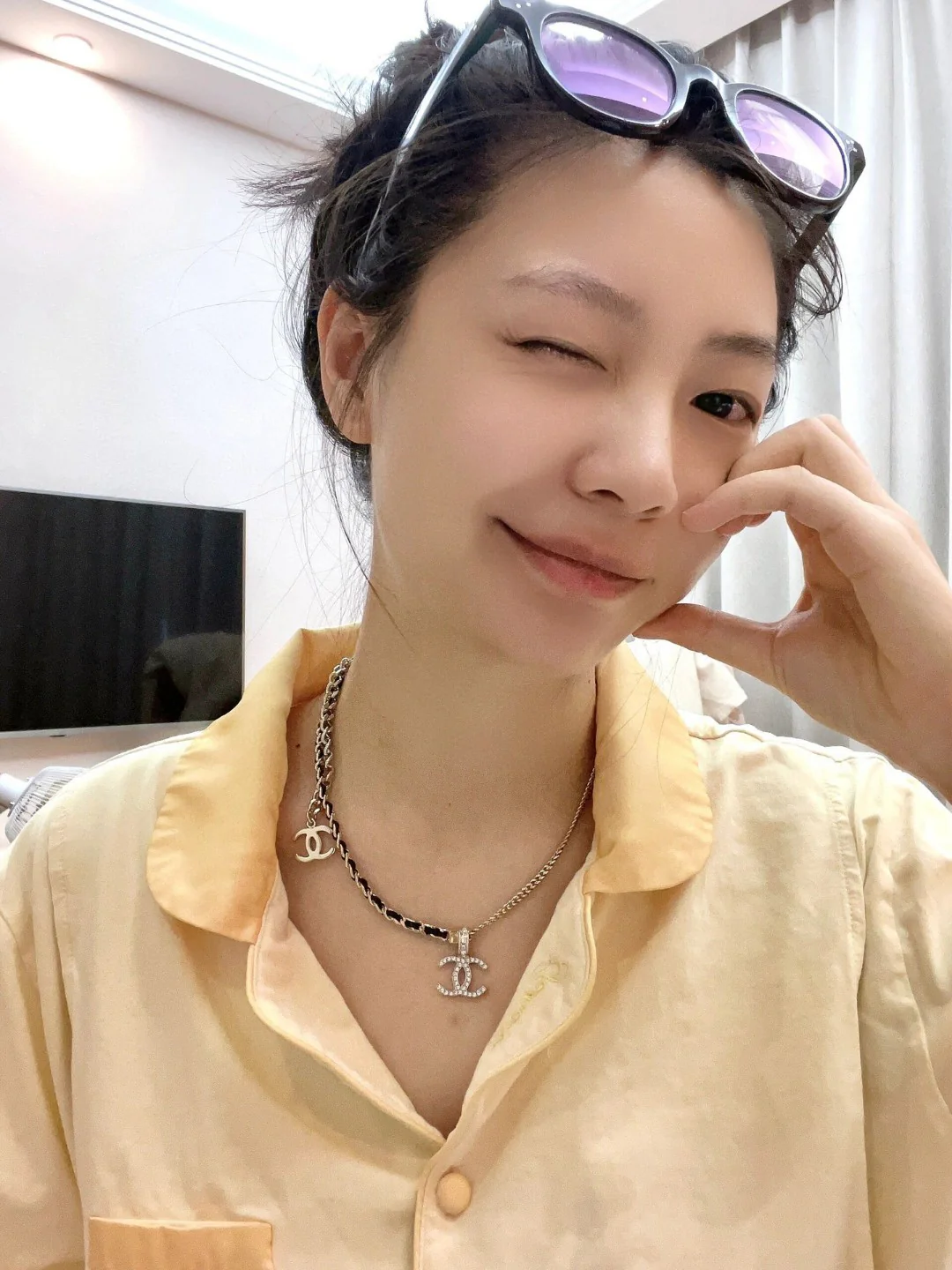 CCN070 Metal and leather chain with crystal cc logo pendant Necklace - ccjewelryacc