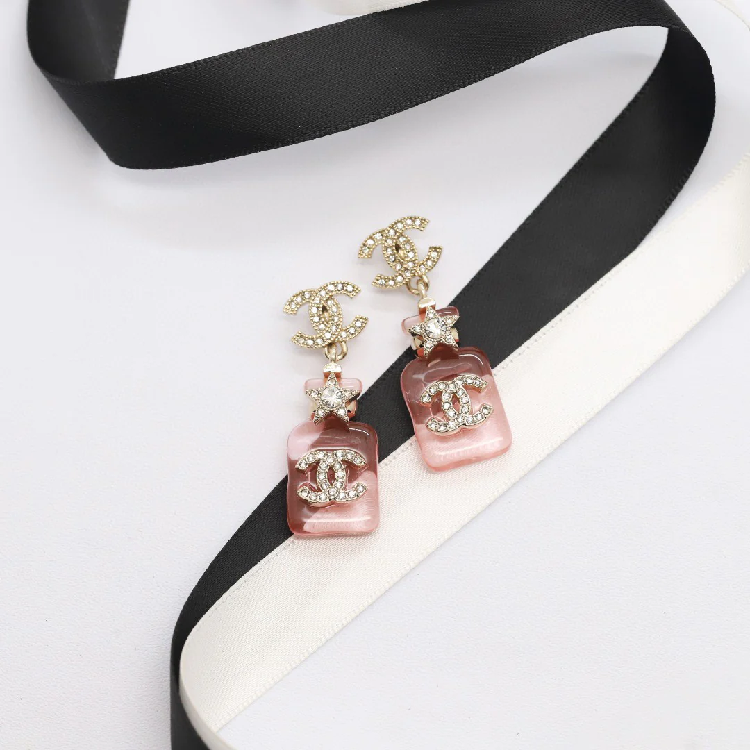 CCE048 Chanel Pink /blue /yellow acrylic star Perfume Bottle with crystal cc logo stud earring - ccjewelryacc