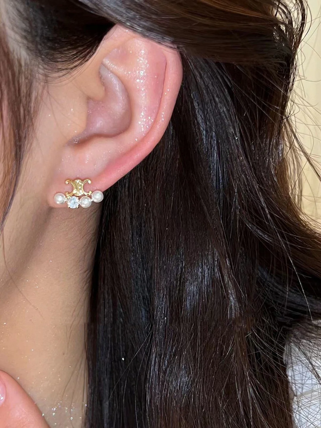 CLE018 Triomphe stud earring in metal crystal pearl - ccjewelryacc