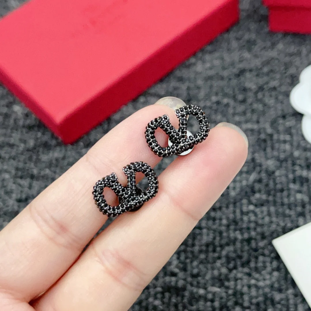 VTE010 Valentino Garavani Vlogo Signature Earrings in Metal Black Crystals - ccjewelryacc