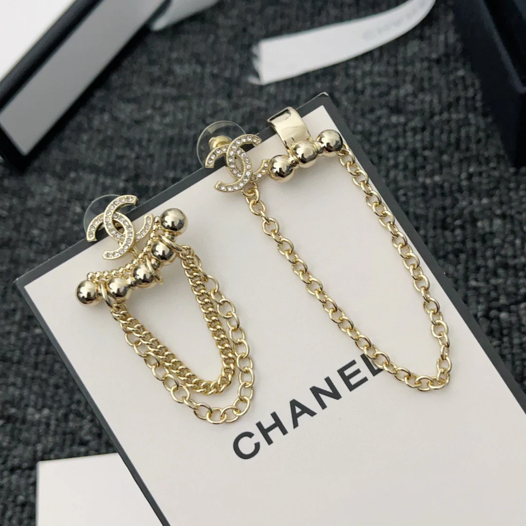 CCE010 Metal crystal CC logo stud earring with cuff - ccjewelryacc