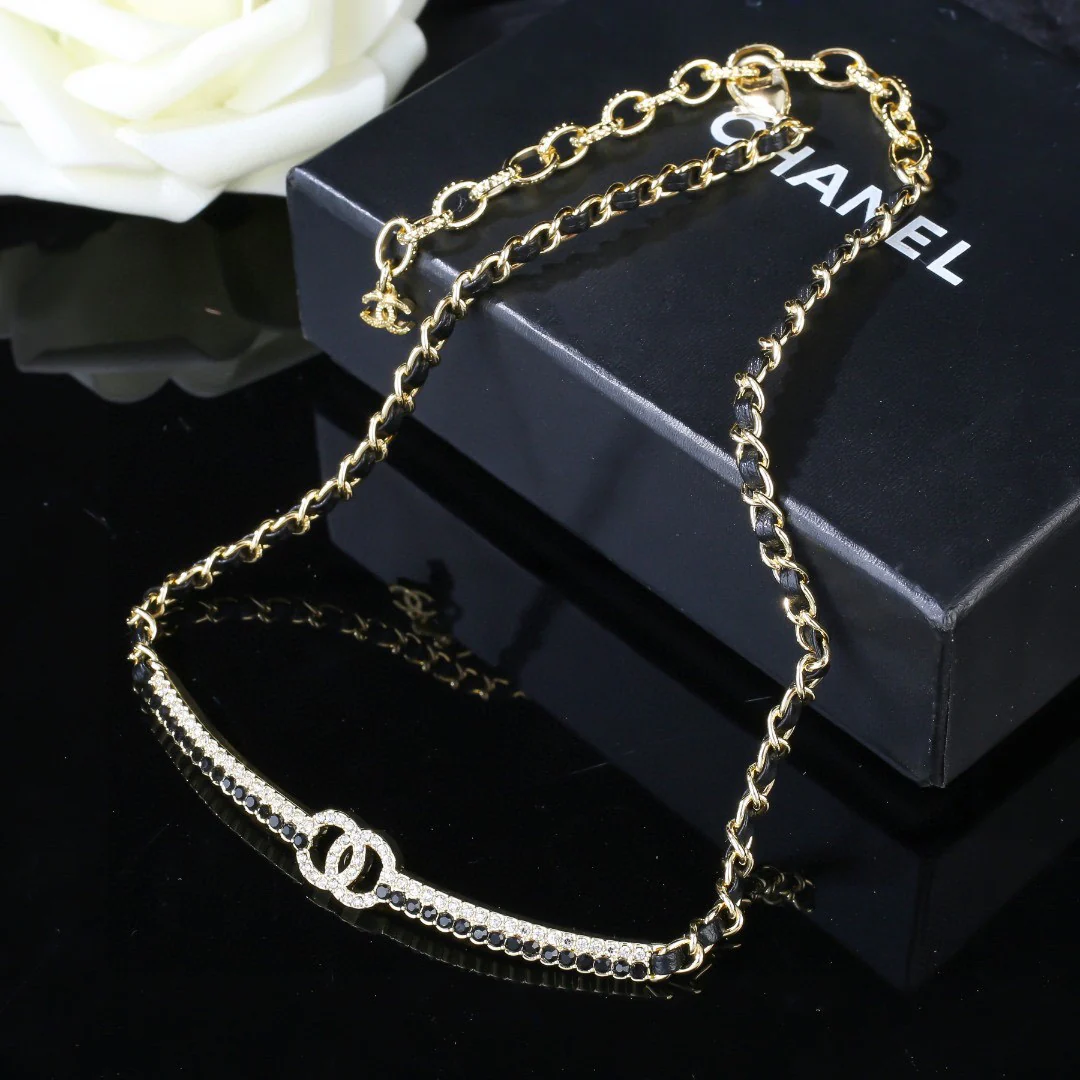 CCN125 Chanel metal leater chain crystal choker necklace - ccjewelryacc