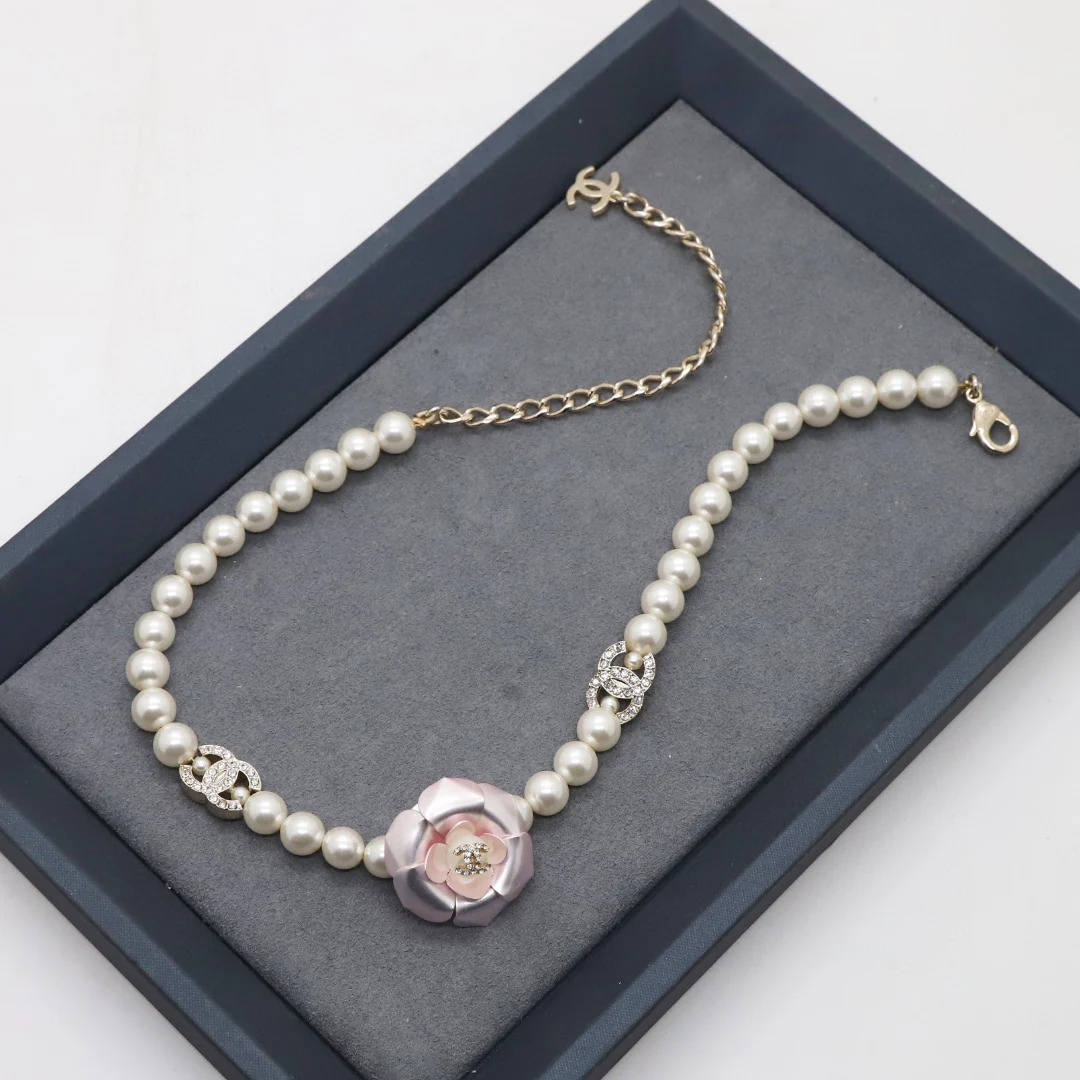 CCN281 High quality Pink Camellia Pearl choker Necklace - ccfashionjewelry