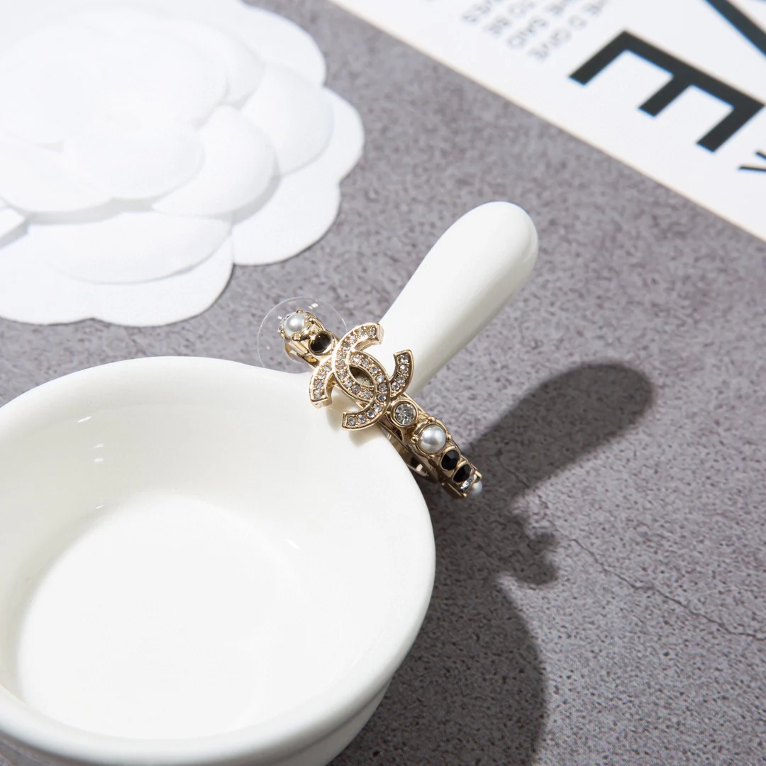 CCE515 Rhinestone and black stone cc logo hook earrings - ccjewelryacc