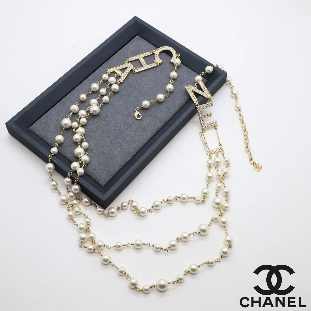 CCL024 Three layers CC Pearl Long Chain sweater Necklace - ccjewelryacc