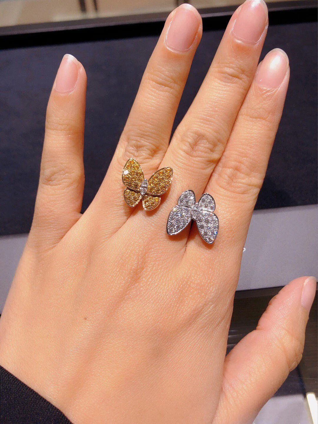 VCRS001 18k White Gold diamond Two Butterfly Ring - ccjewelryacc