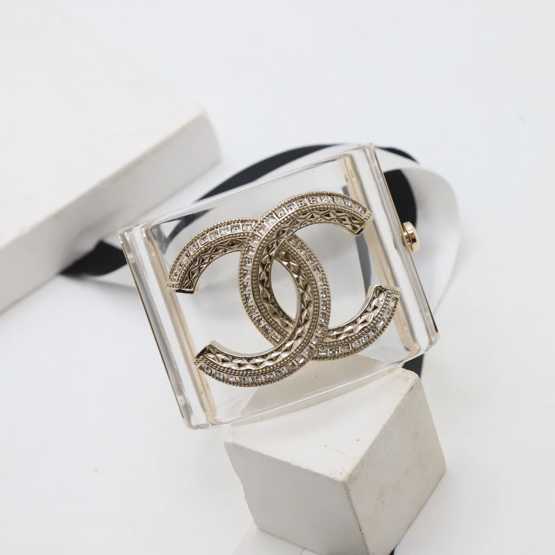 CCS063 Transparent acrylic with metal and crystal cc logo cuff bracelet Large - ccjewelryacc