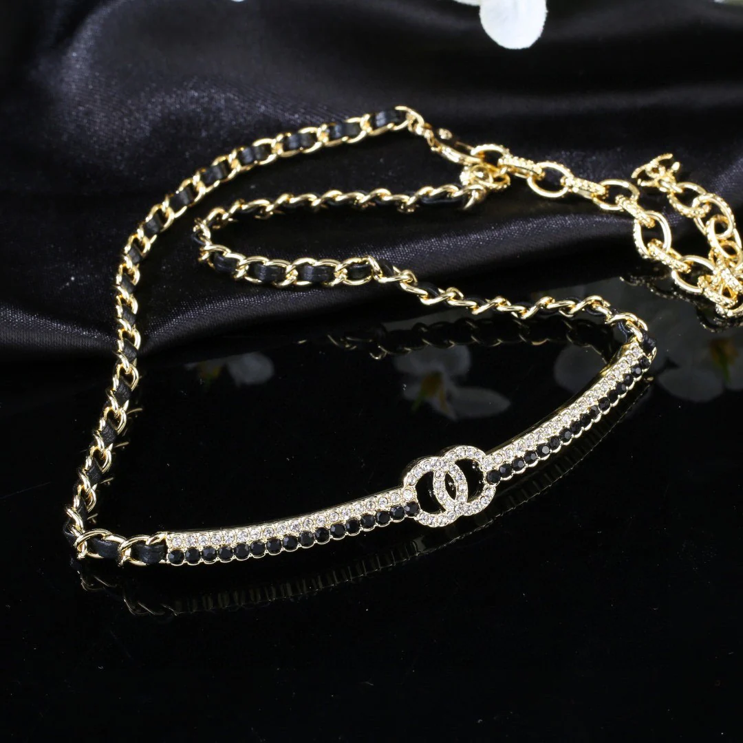 CCN125 Chanel metal leater chain crystal choker necklace - ccjewelryacc