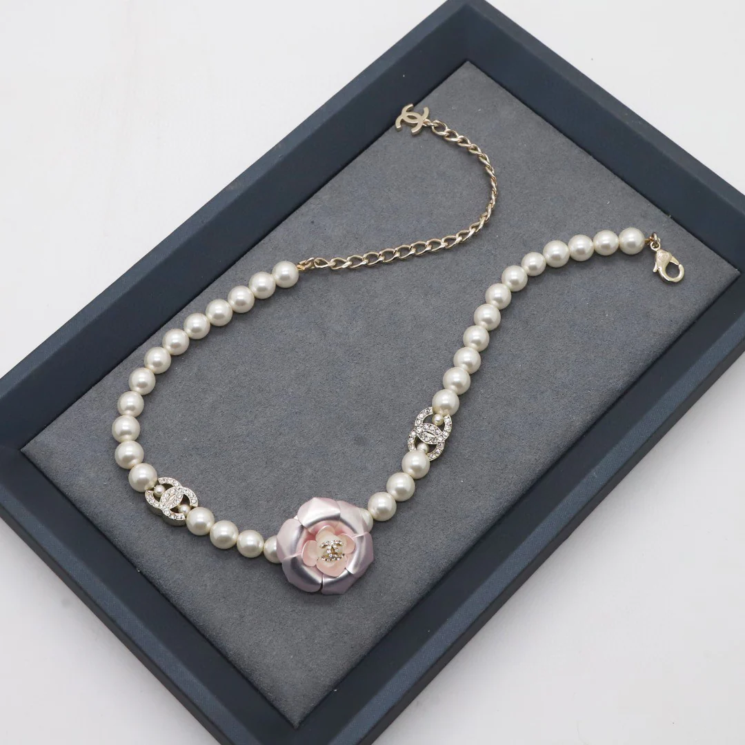 CCN281 High quality Pink Camellia Pearl choker Necklace - ccjewelryacc