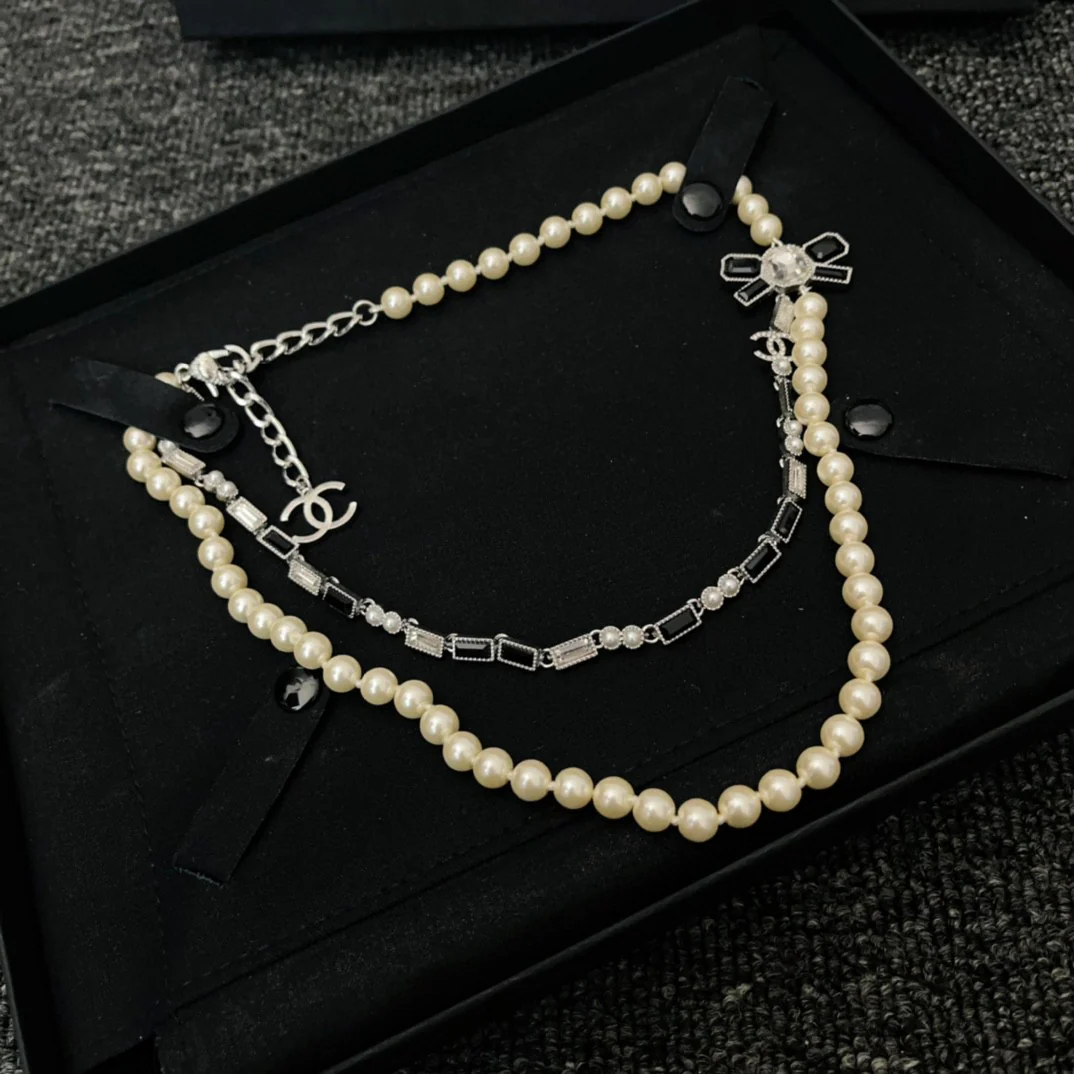 CCN004 23K Black and white diamond panda style double chain pearl bow cc choker necklace - ccjewelryacc