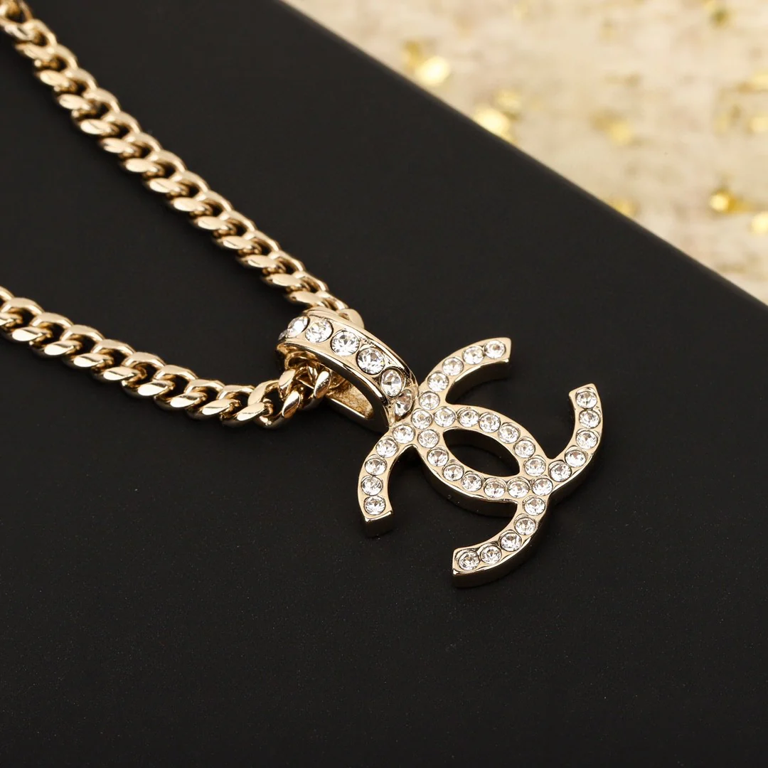 CCN070 Metal and leather chain with crystal cc logo pendant Necklace - ccjewelryacc