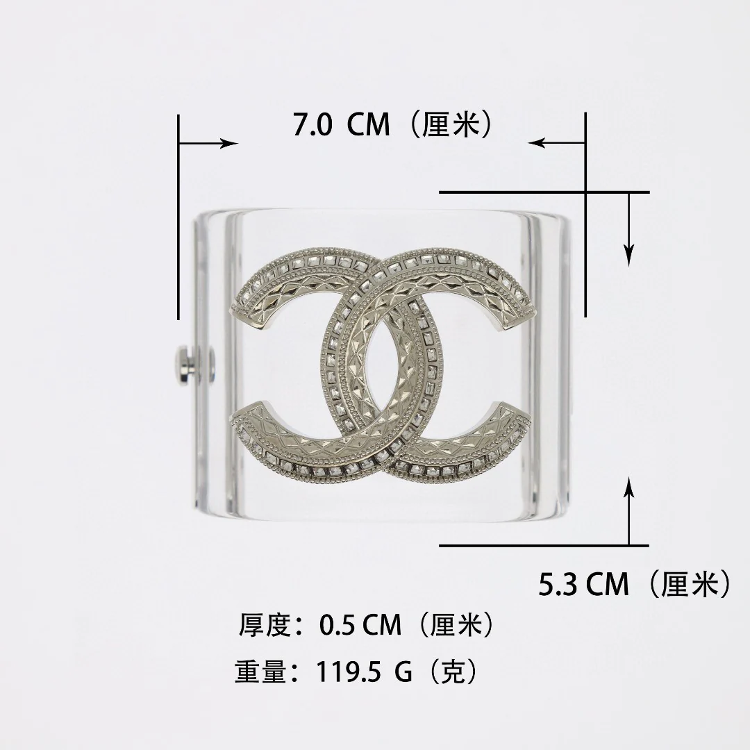 CCS063 Transparent acrylic with metal and crystal cc logo cuff bracelet Large - ccjewelryacc