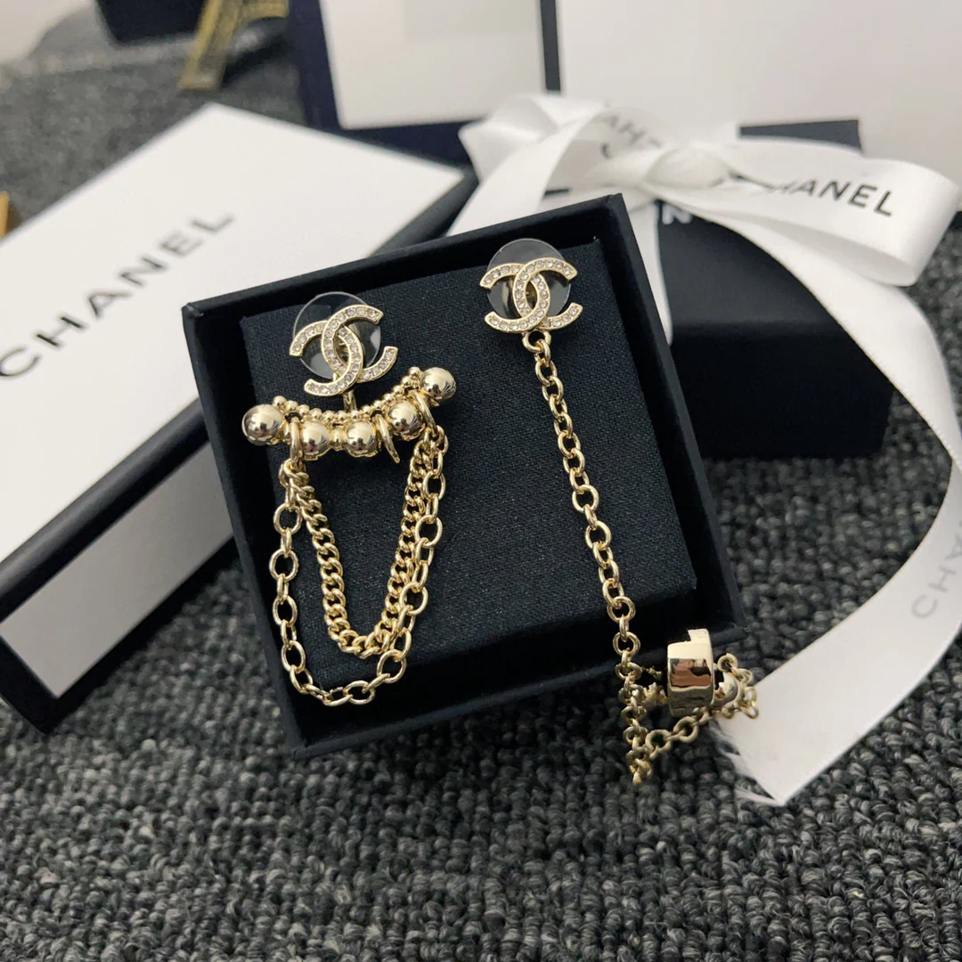 CCE010 Metal crystal CC logo stud earring with cuff - ccjewelryacc