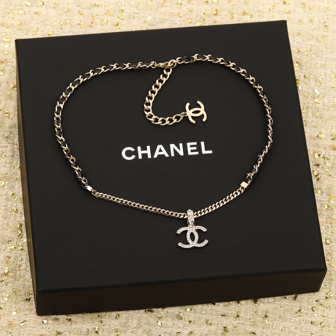 CCN070 Metal and leather chain with crystal cc logo pendant Necklace - ccjewelryacc