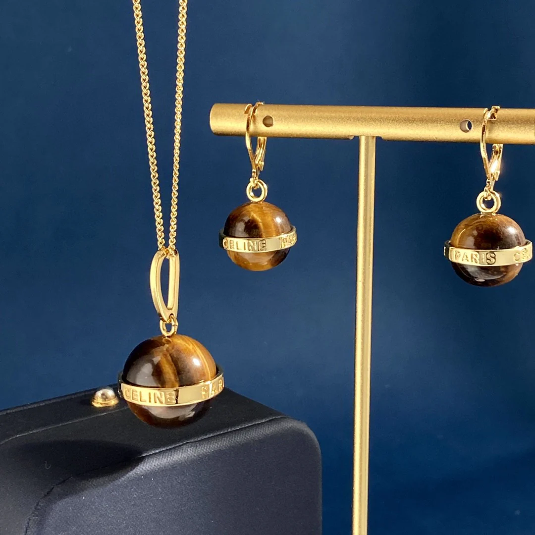 CLE025 Ciline Separables Gold finish drop earring /necklace in metal and tiger's eye stone - ccjewelryacc