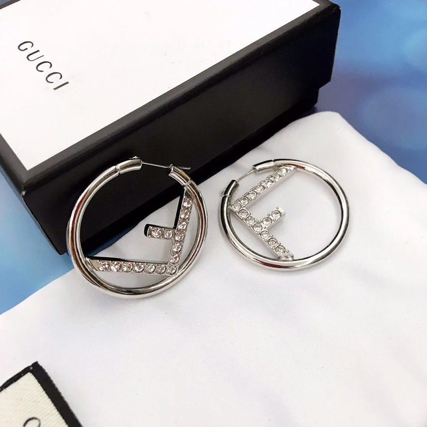 FDE017 Silver crytal F hoop earrings - ccjewelryacc