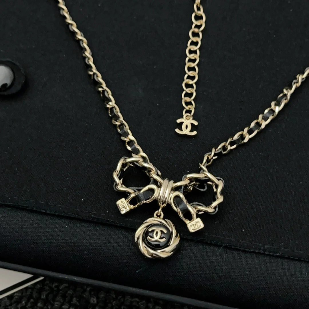 CCN040 Chanel metal leater chain bow necklace - ccjewelryacc