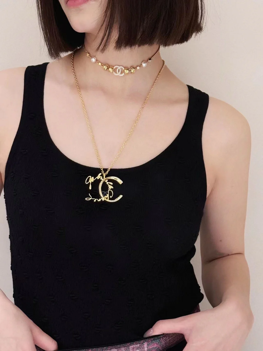 CCN181 CC 24p diamond grid Pearl Choker necklace - ccjewelryacc