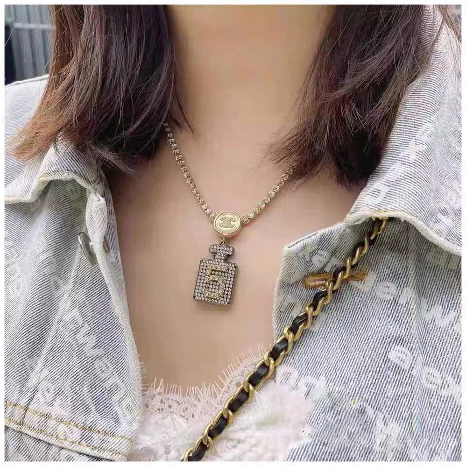 CCN054 Chanel sparkling crystal tennis chain perfume bottle pendant necklace for women - ccjewelryacc