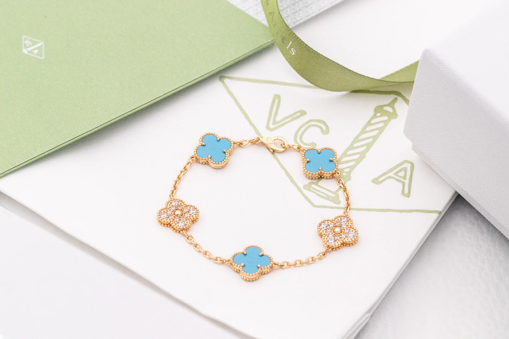 VCSV001 18k gold vintage alhambra bracelet 5 motif and necklace - ccjewelryacc