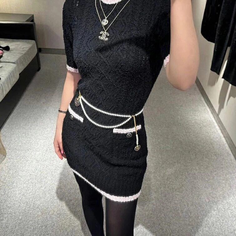 CCW040 24P CC Logo Denim Heart charm pearl Waist chain belt - ccjewelryacc