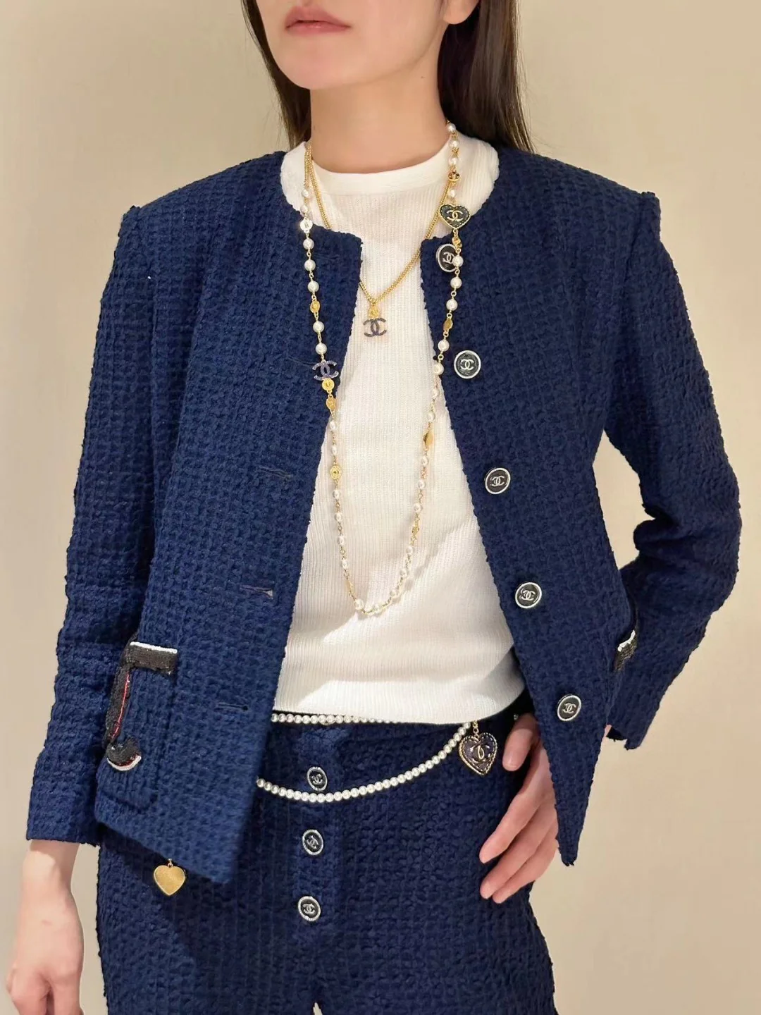 CCW040 24P CC Logo Denim Heart charm pearl Waist chain belt - ccjewelryacc