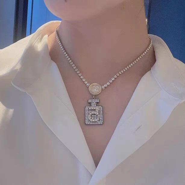 CCN054 Chanel sparkling crystal tennis chain perfume bottle pendant necklace for women - ccjewelryacc