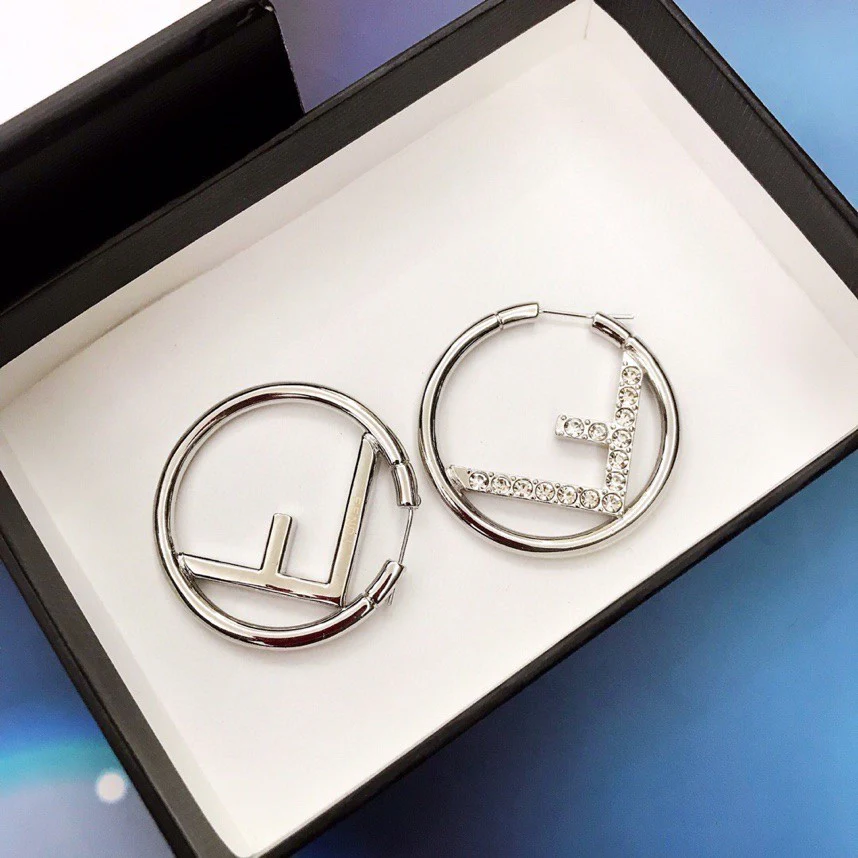 FDE017 Silver crytal F hoop earrings - ccjewelryacc
