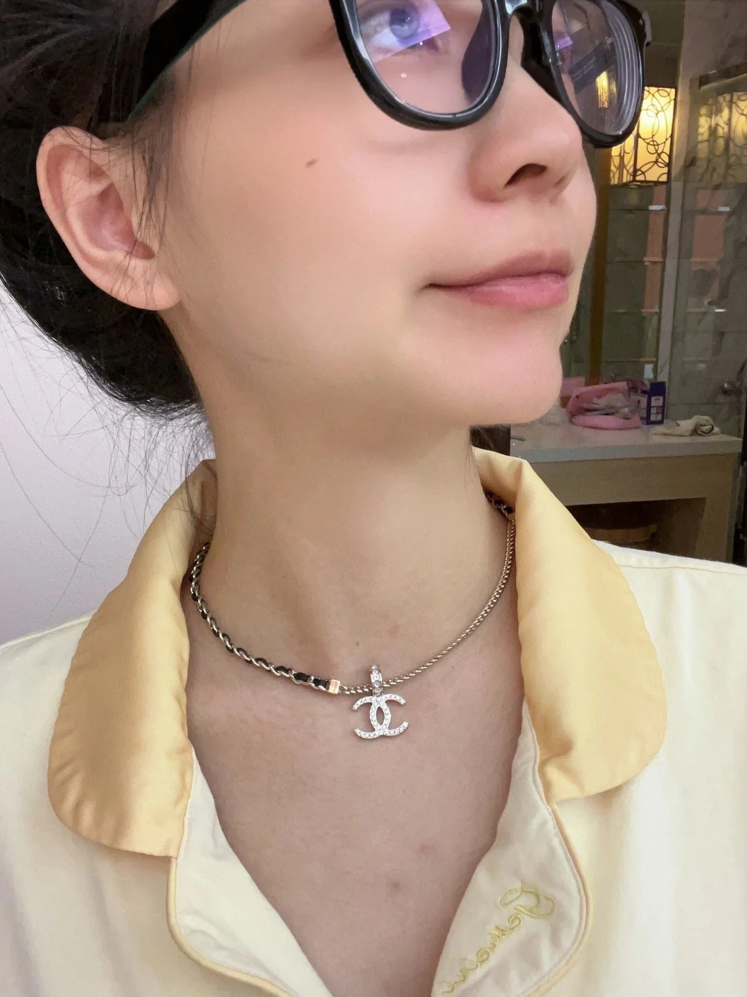 CCN070 Metal and leather chain with crystal cc logo pendant Necklace - ccjewelryacc