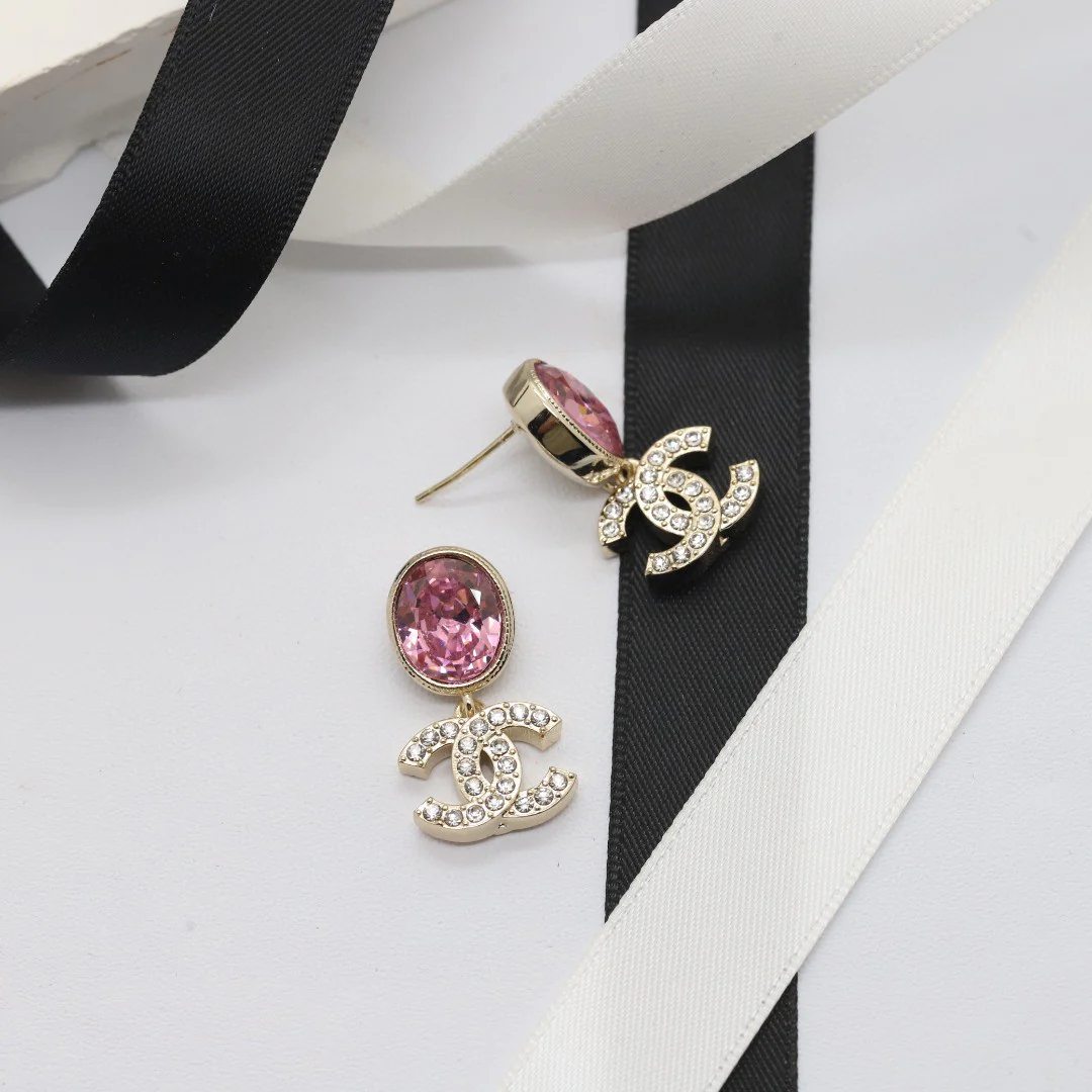 CCE396 Chanel oval pink crystal with cc logo drop earrings - ccjewelryacc