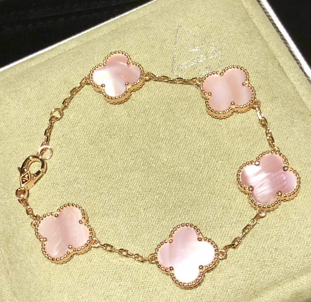 VCS003 Pink mother of pearl vintage alhambra Bracelet 5 motifs - ccjewelryacc